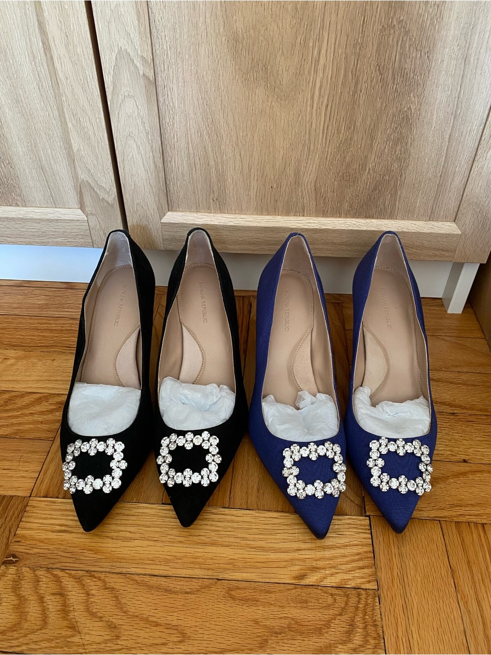Banana Republic Pointed Toe Rhinestone Buckle Pumps - Black & Navy